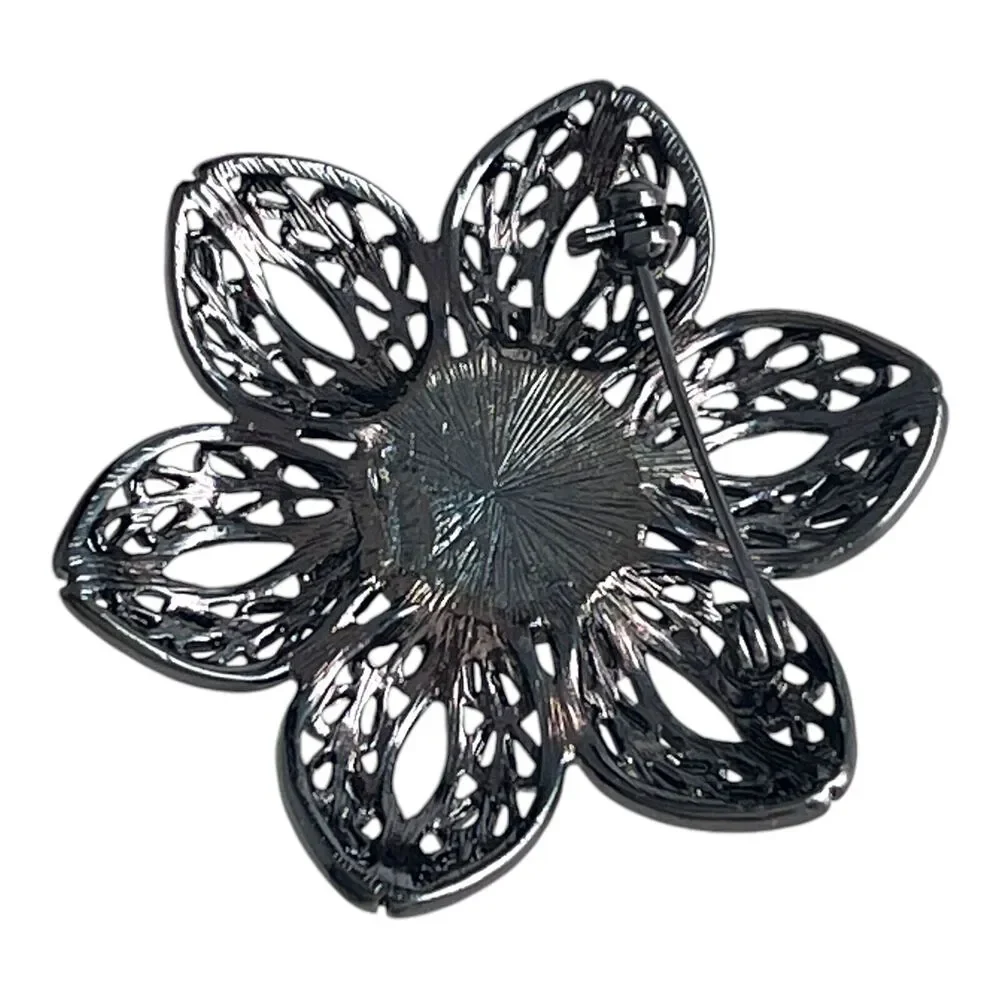 New Flower Pin Brooch Simulated Black Pearl Hematite Tone - 8L